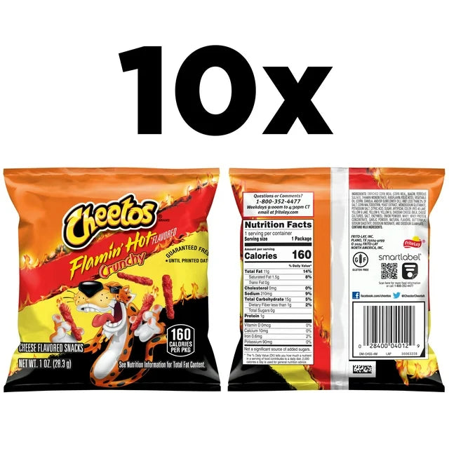 Cheetos Crunchy Cheese Flamin' Hot Flavored Snack Chips, 1 Ounce Bags, 10 Count