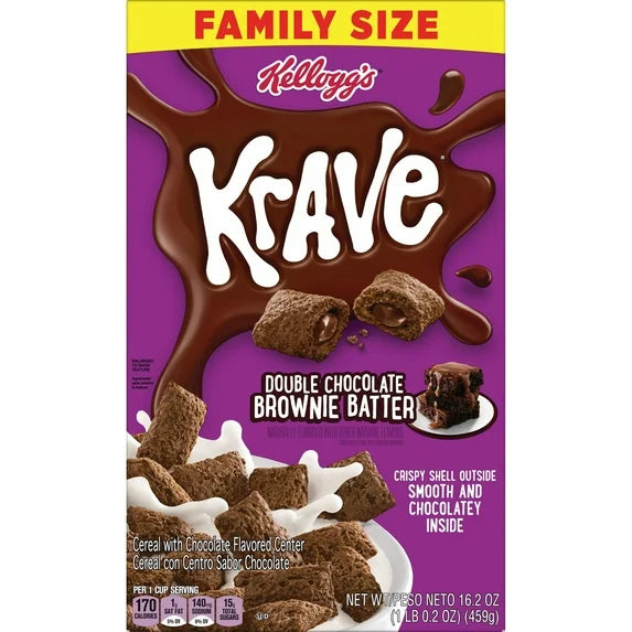 Kellogg's Krave Breakfast Cereal, 7 Vitamins and Minerals, Kids Snacks, Family Size, Brownie Batter, 16.2oz Box (1 Box)