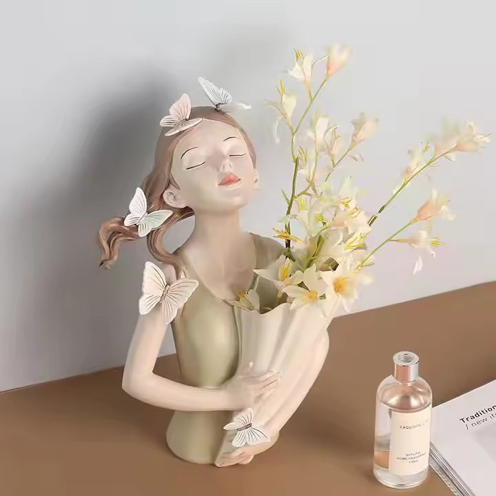 Home Decoration Resin Artificial Girl With Butterflies Sculpture Statue Vase